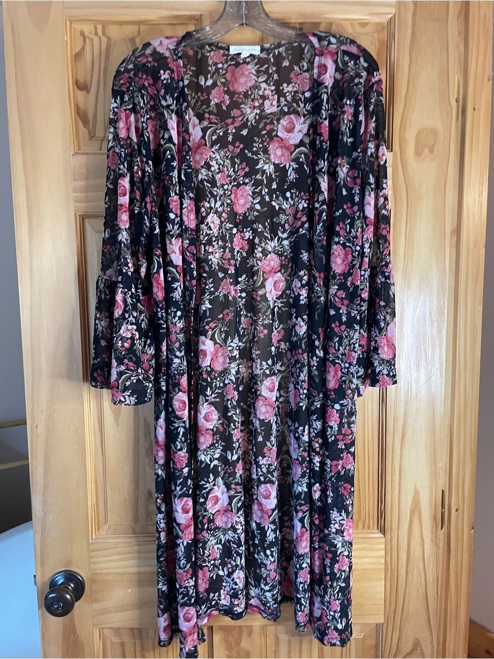 Women's Black Floral Long-Sleeve Kimono Cover-Up with Pink Rose Print